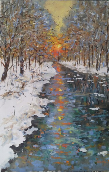 Painting titled "Winter afternoon" by István Kenéz, Original Artwork, Oil Mounted on Wood Stretcher frame