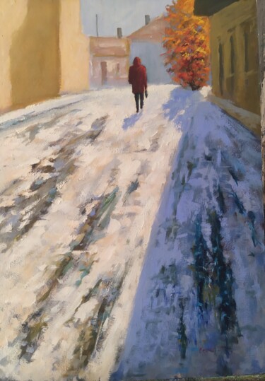 Painting titled "Winter in old town" by István Kenéz, Original Artwork, Oil Mounted on Wood Stretcher frame