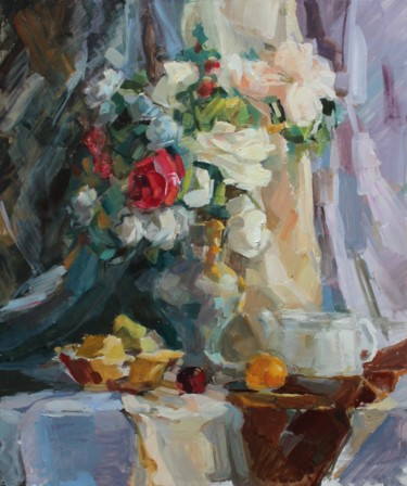 Painting titled "Натюрморт с цветами" by Anna Malinina, Original Artwork, Oil