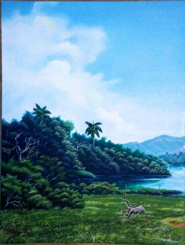 Malerei mit dem Titel "Montaña y lago" von Isyoel Pérez Valdez, Original-Kunstwerk, Öl