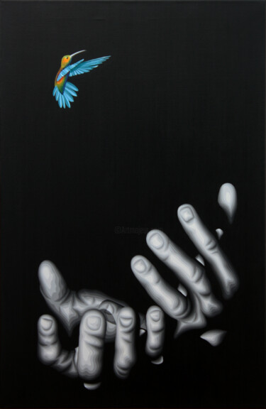 Malarstwo zatytułowany „el vuelo del Colibrí” autorstwa Italo Somma, Oryginalna praca, Akryl Zamontowany na Drewniana rama n…