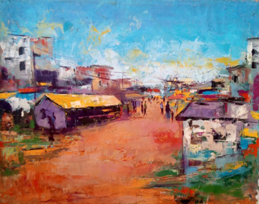 Картина под названием "Neighborhood" - Samuel Itoya Odiboh, Подлинное произведение искусства, Масло