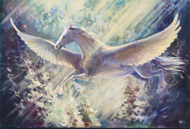 Painting titled "The dream of flying" by Timonina Nataliia, Original Artwork, Oil Mounted on Cardboard