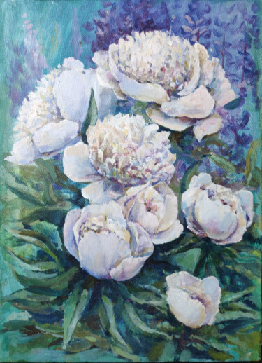 Painting titled "Bouquet of white pe…" by Timonina Nataliia, Original Artwork, Oil Mounted on Wood Stretcher frame