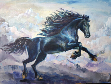 Painting titled "Black horse" by Timonina Nataliia, Original Artwork, Oil Mounted on Cardboard