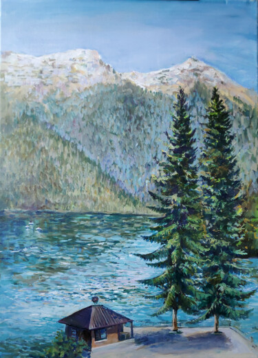 Painting titled "Mountain lake" by Timonina Nataliia, Original Artwork, Oil Mounted on Wood Stretcher frame