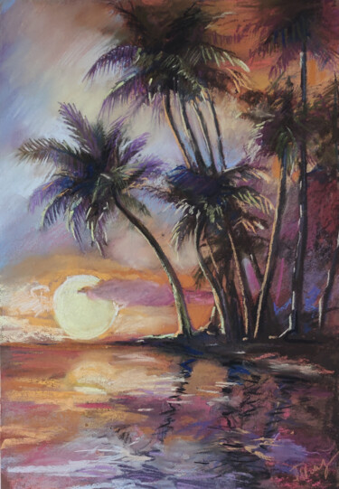 Pintura intitulada "Palm trees, sea sun…" por Timonina Nataliia, Obras de arte originais, Pastel