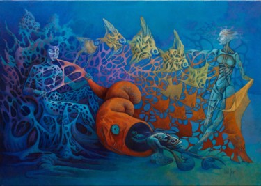 Painting titled "Transmutación marina" by Itzeel Reyes, Original Artwork, Oil Mounted on Wood Panel