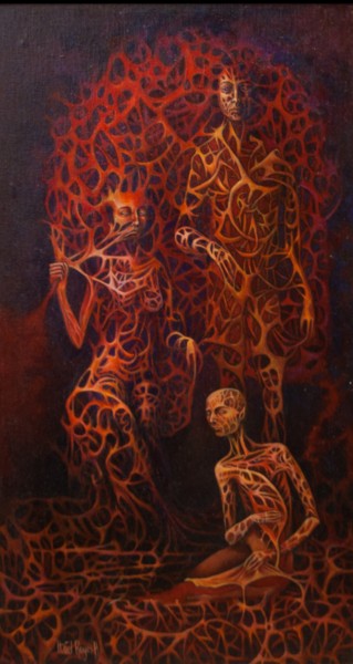 Pintura titulada "Tres en rojo" por Itzeel Reyes, Obra de arte original, Oleo Montado en Panel de madera