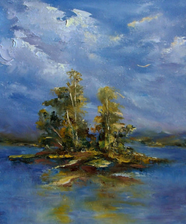 Painting titled "Island / Островок" by Elena Yudina, Original Artwork, Oil Mounted on Wood Stretcher frame