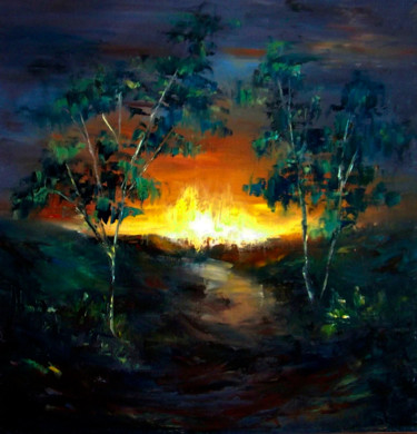 Painting titled "Sunset / Закат" by Elena Yudina, Original Artwork, Oil Mounted on Wood Stretcher frame