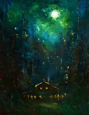Painting titled "Full moon / Полнолу…" by Elena Yudina, Original Artwork, Oil Mounted on Wood Stretcher frame