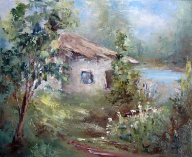 Painting titled "Lake house / Дом у…" by Elena Yudina, Original Artwork, Oil Mounted on Wood Stretcher frame