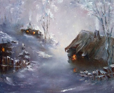Картина под названием "All houses / Все до…" - Elena Yudina, Подлинное произведение искусства, Масло Установлен на Деревянна…