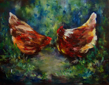 Painting titled "Girlfriends / Кумуш…" by Elena Yudina, Original Artwork, Oil Mounted on Wood Stretcher frame