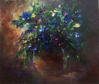 Painting titled "Night bouquet / Ноч…" by Elena Yudina, Original Artwork, Oil Mounted on Wood Stretcher frame