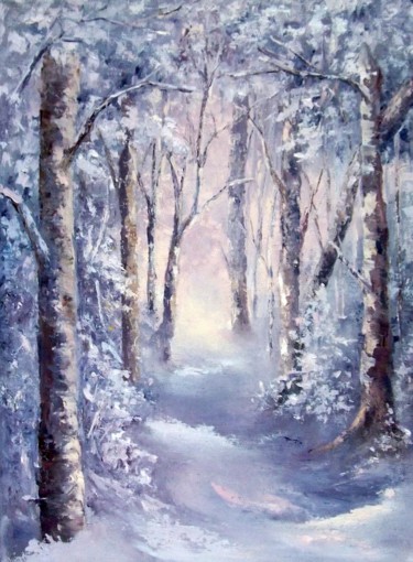 Painting titled "January glade / Янв…" by Elena Yudina, Original Artwork, Oil Mounted on Wood Stretcher frame
