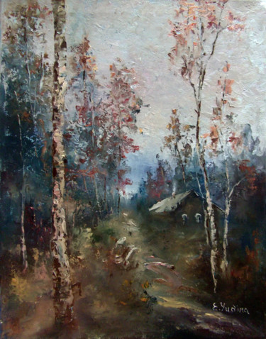 Malarstwo zatytułowany „House by the forest…” autorstwa Elena Yudina, Oryginalna praca, Olej Zamontowany na Drewniana rama n…