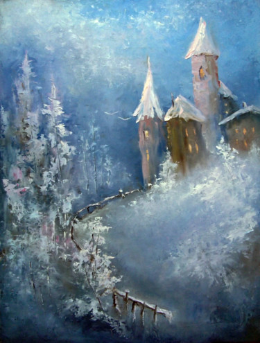 Painting titled "Winter in the old t…" by Elena Yudina, Original Artwork, Oil Mounted on Cardboard