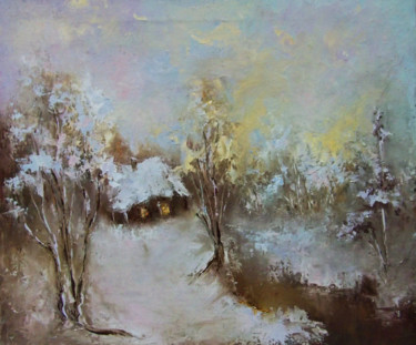 Painting titled "The first snow lay…" by Elena Yudina, Original Artwork, Oil Mounted on Wood Stretcher frame