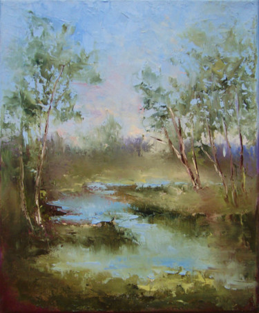 Painting titled "May morning, spring…" by Elena Yudina, Original Artwork, Oil Mounted on Wood Stretcher frame