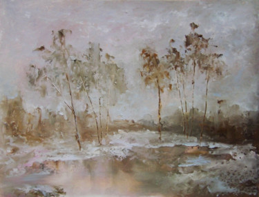 Painting titled "Last snow / Последн…" by Elena Yudina, Original Artwork, Oil Mounted on Cardboard