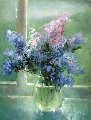 Painting titled "Wet lilac / Мокрая…" by Elena Yudina, Original Artwork, Oil Mounted on Cardboard