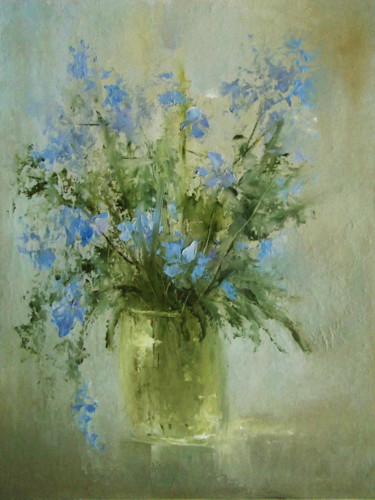 Painting titled "Blue flowers / Голу…" by Elena Yudina, Original Artwork, Oil Mounted on Cardboard