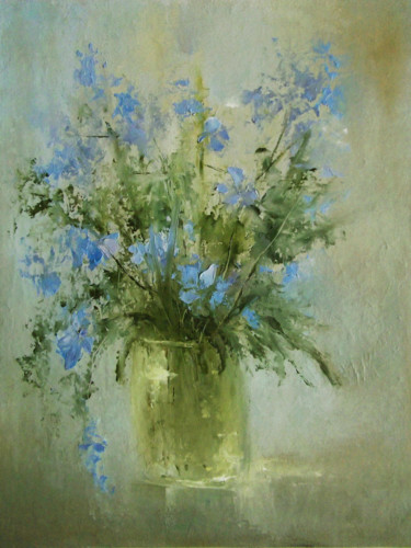 Pintura intitulada "Blue flowers / Голу…" por Elena Yudina, Obras de arte originais, Óleo Montado em Cartão