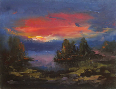 Painting titled "Another sunset, min…" by Elena Yudina, Original Artwork, Oil Mounted on Wood Panel