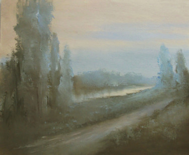 Painting titled "Along the river, ev…" by Elena Yudina, Original Artwork, Oil Mounted on Wood Panel