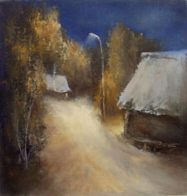 Painting titled "Night, street, lant…" by Elena Yudina, Original Artwork, Oil Mounted on Wood Panel