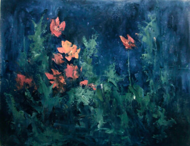 Painting titled "In the night garden…" by Elena Yudina, Original Artwork, Oil Mounted on Wood Panel