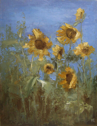 Painting titled "Sunflowers, oil pai…" by Elena Yudina, Original Artwork, Oil Mounted on Wood Panel