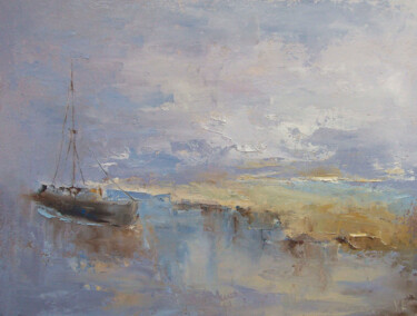Painting titled "Boat, oil painting,…" by Elena Yudina, Original Artwork, Oil Mounted on Wood Panel