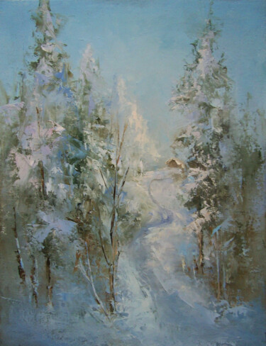 Painting titled "January. The road h…" by Elena Yudina, Original Artwork, Oil Mounted on Cardboard