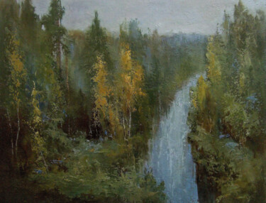 Painting titled "Autumn waterfall" by Elena Yudina, Original Artwork, Oil