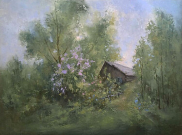Painting titled "На пригорке" by Elena Yudina, Original Artwork, Oil Mounted on Wood Panel