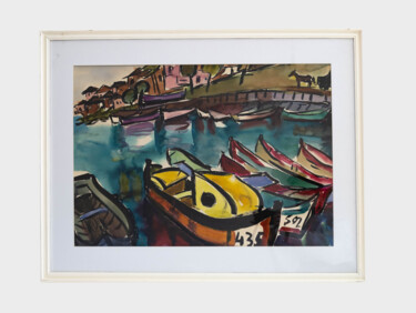 Painting titled ""Boats at the black…" by Iulia Hălăucescu, Original Artwork, Watercolor