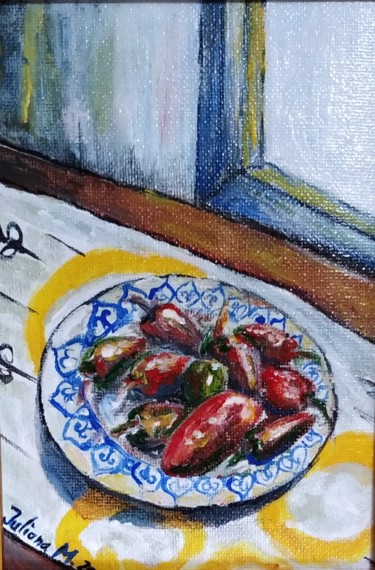 Painting titled "Peppers on a plate" by Iuliana Moraru Murgulescu (Iulia), Original Artwork, Acrylic
