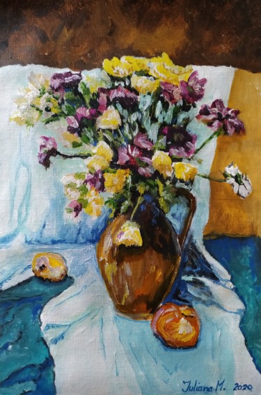 Painting titled "Chrysanthemums" by Iuliana Moraru Murgulescu (Iulia), Original Artwork, Acrylic