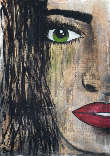 Painting titled "Green eyes girl" by Iulia Paun, Original Artwork, Acrylic Mounted on Cardboard