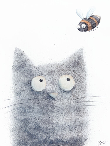 Painting titled "Cat & Bee (Guest)" by Iuliia Andriiets, Original Artwork, Watercolor