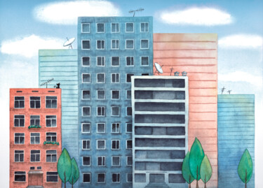 「City: DAY」というタイトルの絵画 Iuliia Andriietsによって, オリジナルのアートワーク, 水彩画