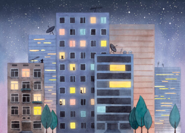 Картина под названием "City: NIGHT" - Iuliia Andriiets, Подлинное произведение искусства, Акварель