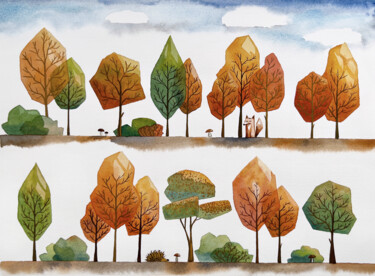 Pintura intitulada "Autumn Trees" por Iuliia Andriiets, Obras de arte originais, Aquarela