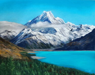 Schilderij getiteld "Mountains and lake" door Iuliia Aubony, Origineel Kunstwerk, Pastel