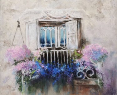 Ζωγραφική με τίτλο "Balcon en fleurs" από Iuliia Aubony, Αυθεντικά έργα τέχνης, Παστέλ
