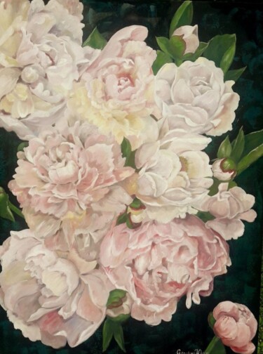 Painting titled "005 Pivoines Vintag…" by Iuliia Serpilina, Original Artwork, Oil Mounted on Wood Stretcher frame