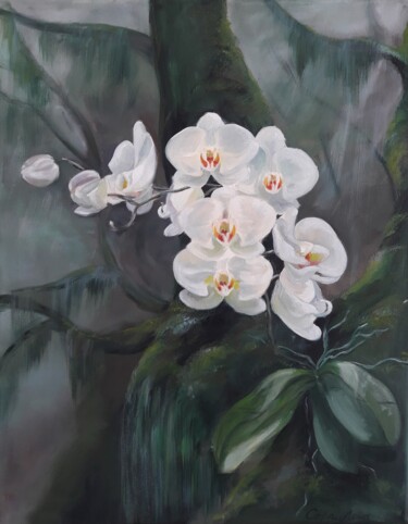 Painting titled "08 Orchidée blanche…" by Iuliia Serpilina, Original Artwork, Oil Mounted on Wood Stretcher frame